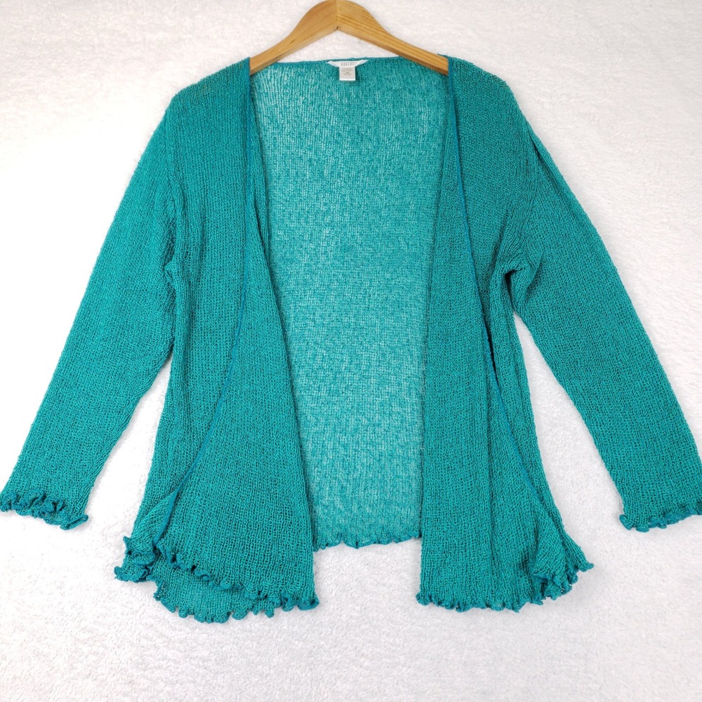 Kaktus Womens Teal Open Knit Lettuce Edge Ruffle Cardigan Sweater L/XL BohoChic